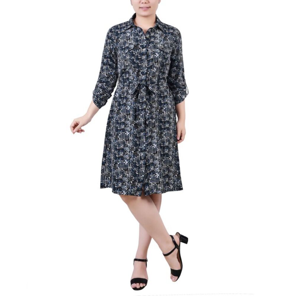 NY Collection Petite Printed Long Sleeve Roll Tab Shirtdress